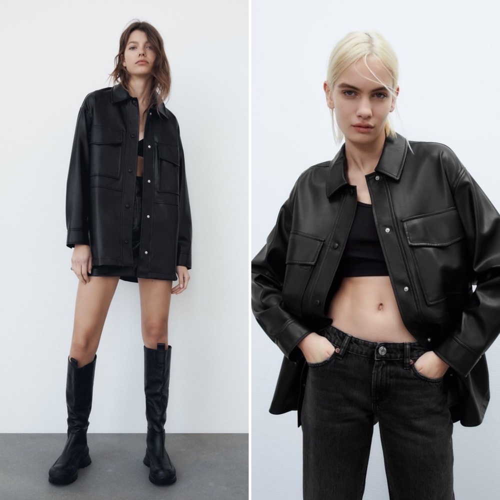 Zara Black Vegan Leather Oversized Fit Button Up Jacket Women’s Size Medium